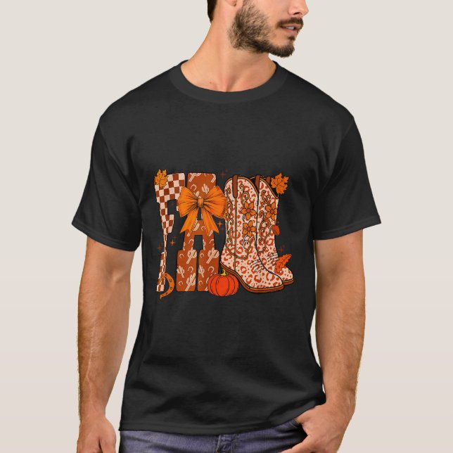 Cowboy Chequered Fall,fall Pumpkin,boots Cow Funny T-Shirt (Front)