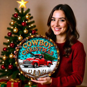 Cowboy Christmas Red Truck Large Clock