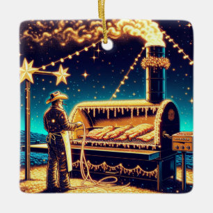Cowboy Cooking On The BBQ Pit Christmas Ceramic Ornament
