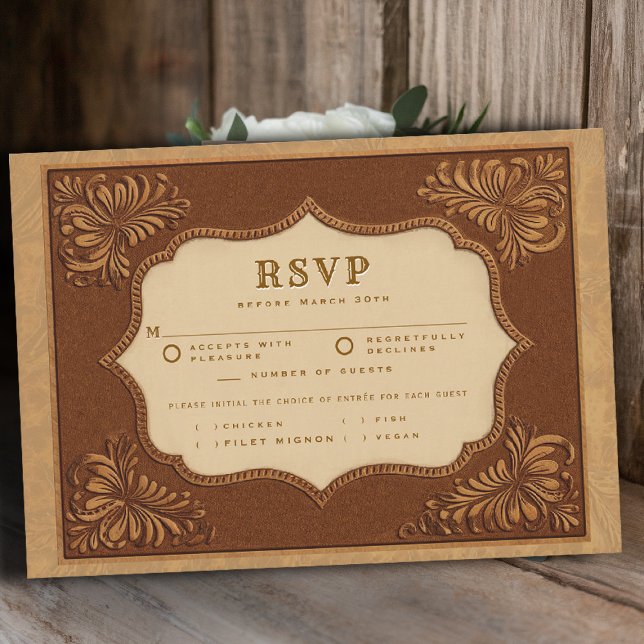 Cowboy Country Tooled Leather Meal Wedding RSVP (country rustic cowboy wedding rsvp meal choice faux tooled leather terracotta cream western frame)