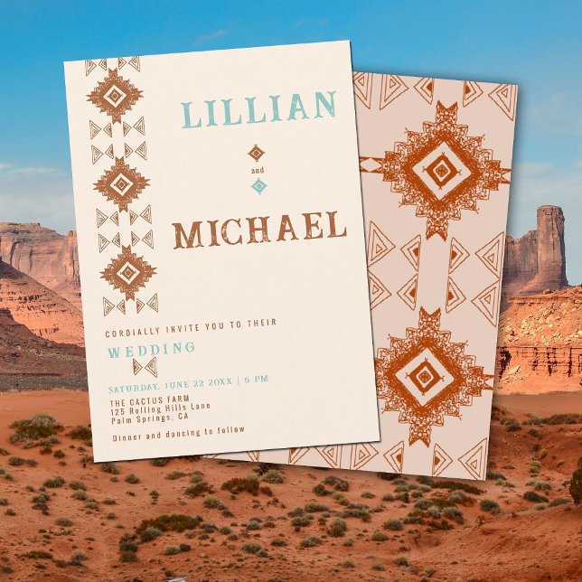 Cowboy Country Western Aztec Desert Wedding Invitation (southwestern cowboy desert western barn ranch aztec tribal pattern wedding invitation terracotta)