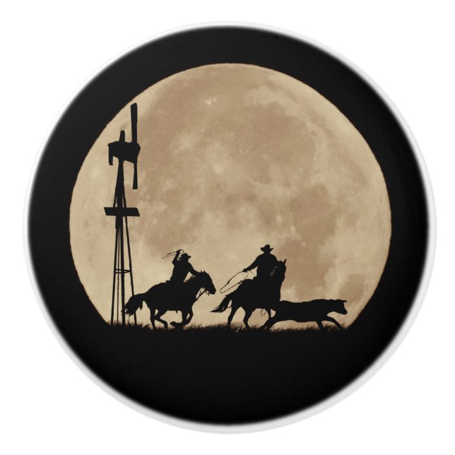 Cowboy Country Western Team Roping Ceramic Knob (Front)