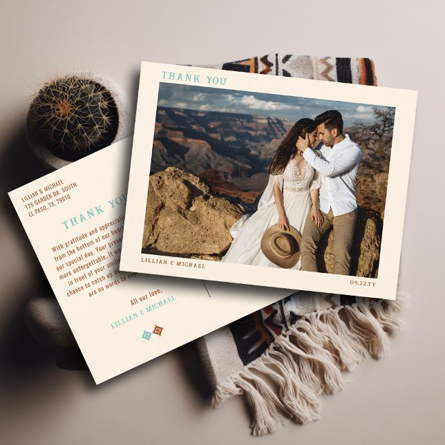 Cowboy Country Western Wedding Photo Thank You Postcard (cowboy country western desert wedding photo thank you postcard aztec pattern terracotta teal)