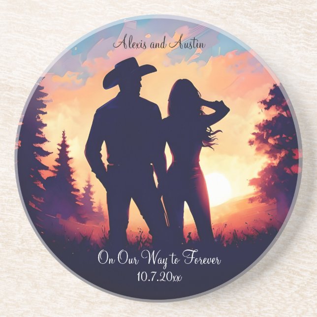 Cowboy Couple Forever Anniversary Coaster (Front)