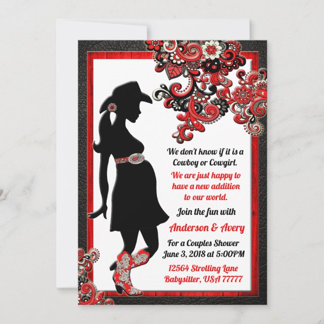 Cowboy Cowgirl Black Leather Red White Couples Invitation (Front)