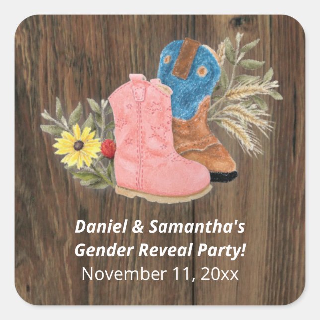 Cowboy/Cowgirl Bootie Dark Wood Gender Reveal Square Sticker (Front)