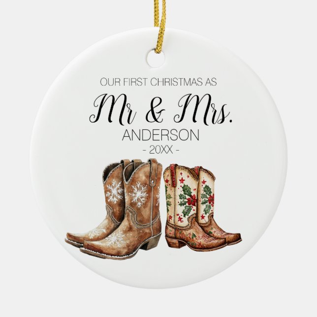 Cowboy Cowgirl Boots First Christmas As Mr & Mrs Ceramic Tree Decoration (Front)