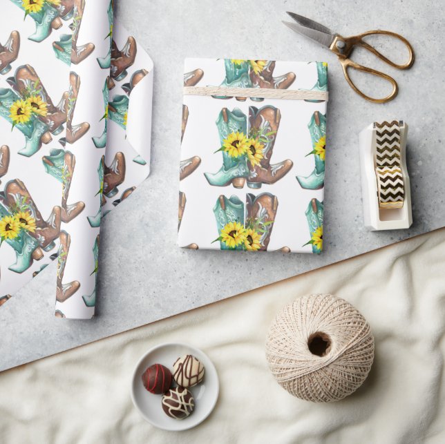 Cowboy cowgirl boots western sunflower rodeo wrapping paper (Crafts)