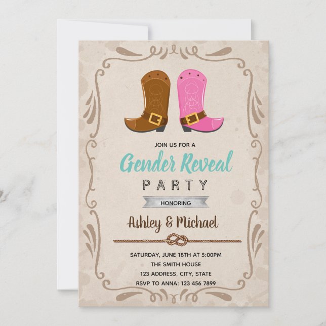 Cowboy cowgirl gender reveal invitation (Front)