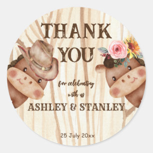 Cowboy cowgirl gender reveal party classic round sticker