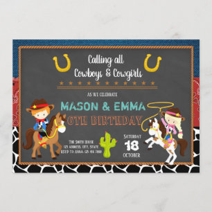 Cowboy cowgirl joint birthday party invitation