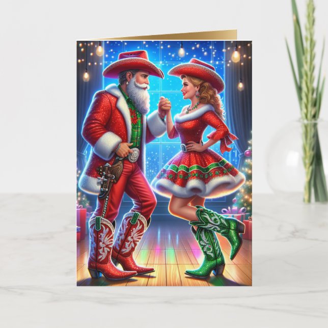 Cowboy Cowgirl Santa Country Dancers Christmas Card (Front)