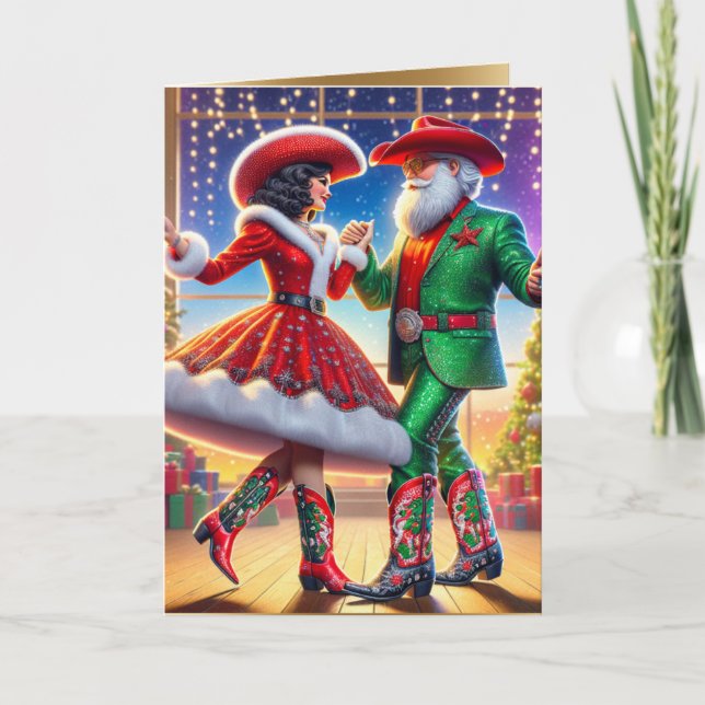 Cowboy Cowgirl Santa Country Dancers Christmas Card (Front)