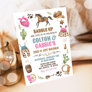 Cowboy Cowgirl Sibling Blue Pink 1st Rodeo Party Invitation