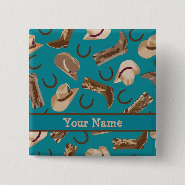 Cowboy Cowgirl Teal Western Boots Hat Name Badge (Front)