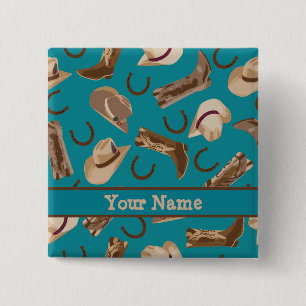 Cowboy Cowgirl Teal Western Boots Hat Name Badge
