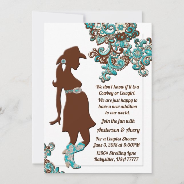 Cowboy Cowgirl Turquoise Brown Couples Baby Shower Invitation (Front)