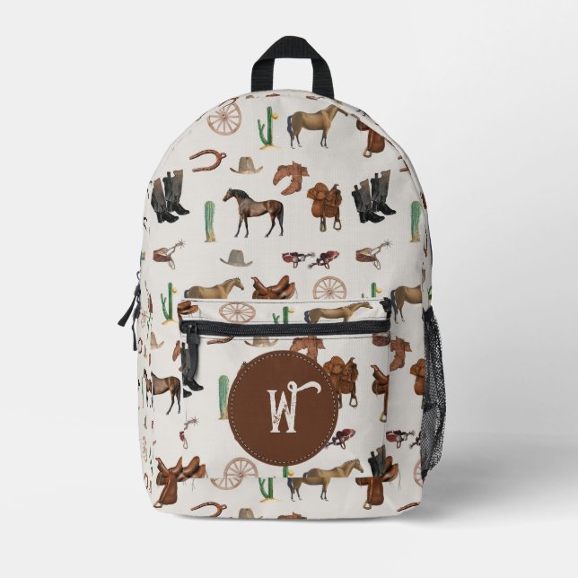 Cowboy Cowgirl Western Rodeo Country Monogram Printed Backpack (Front)