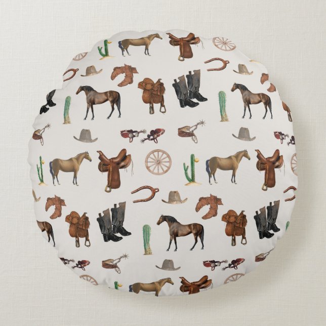 Cowboy Cowgirl Western Rodeo Country Pattern Round Cushion (Front)