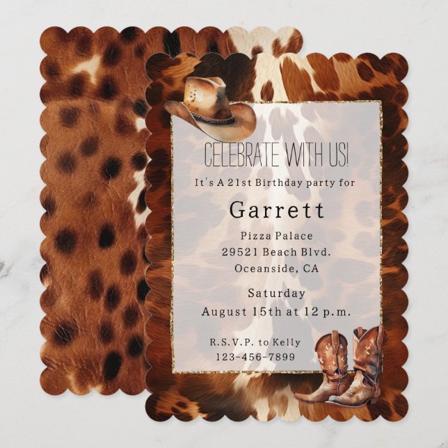 Cowboy Cream Brown Cowhide Hat Boots Invitation (Front/Back)