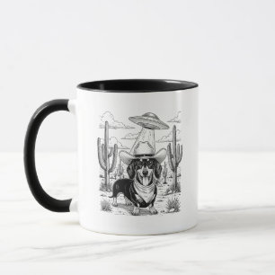 Cowboy Dachshund UFO Desert Scene Vintage Line Art Mug