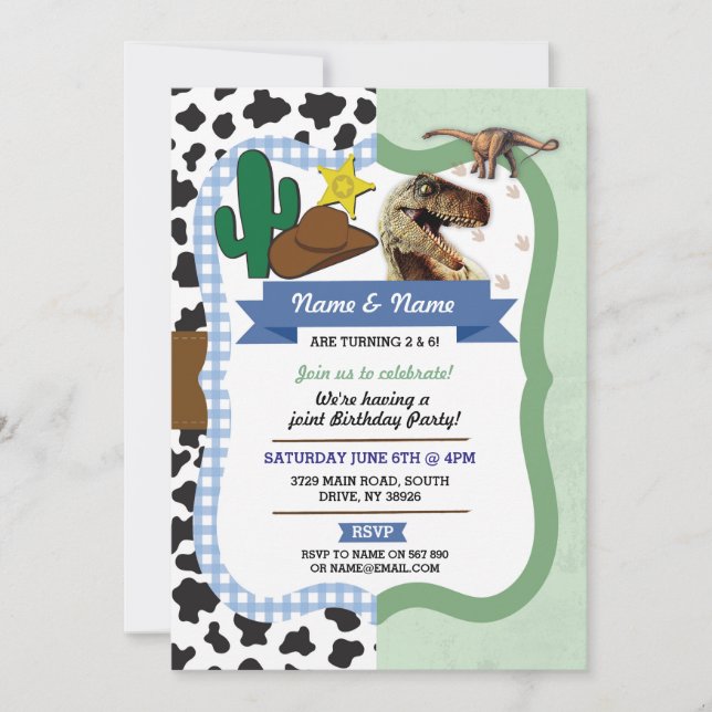 Cowboy & Dinosaur Boys Brothers Birthday Invites (Front)