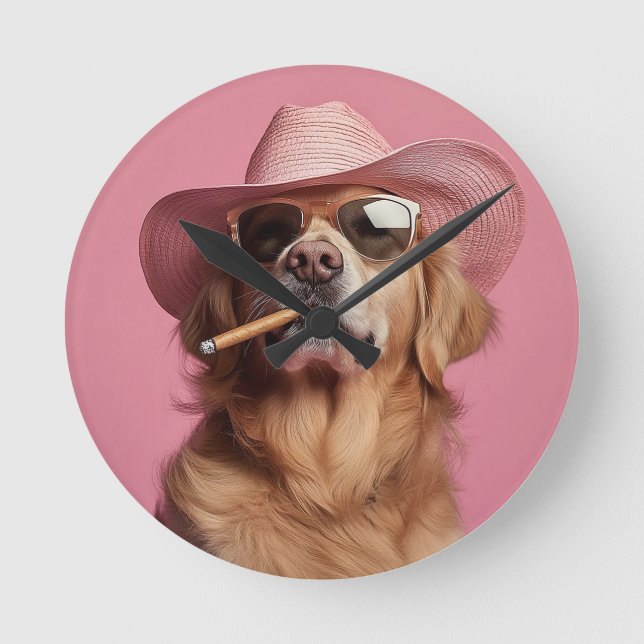 Cowboy Dog Wall Clock with Hat and Sunglasses - Hu (Front)