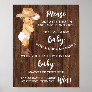Cowboy Don't say Baby Clothespin Baby Shower Game Poster