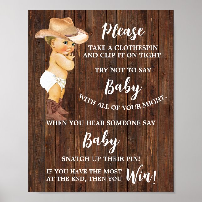 Cowboy Don't say Baby Clothespin Baby Shower Game Poster (Front)