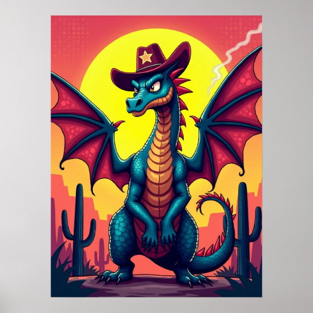 Cowboy Dragon Showdown – Funny Pop Art Fantasy Poster (Front)