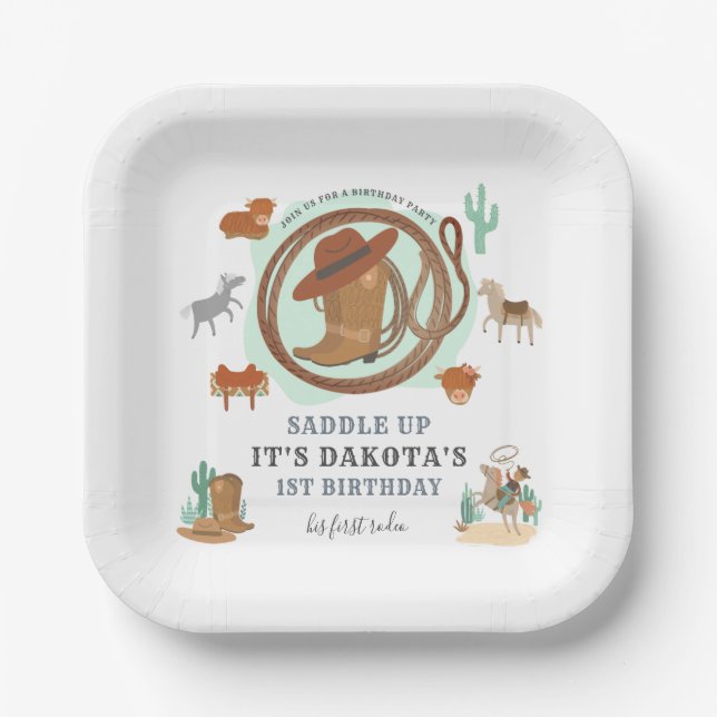 Cowboy First Birthday  Paper Plate (Front)