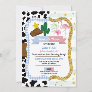 Cowboy & Flamingo Joint Boy Girl Birthday Invitation
