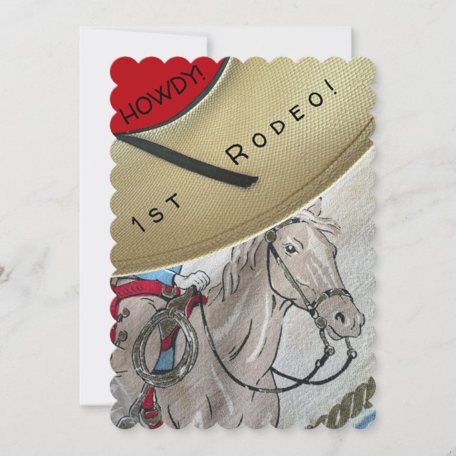 Cowboy for kids has hat & riding horse birthday invitation (Front)