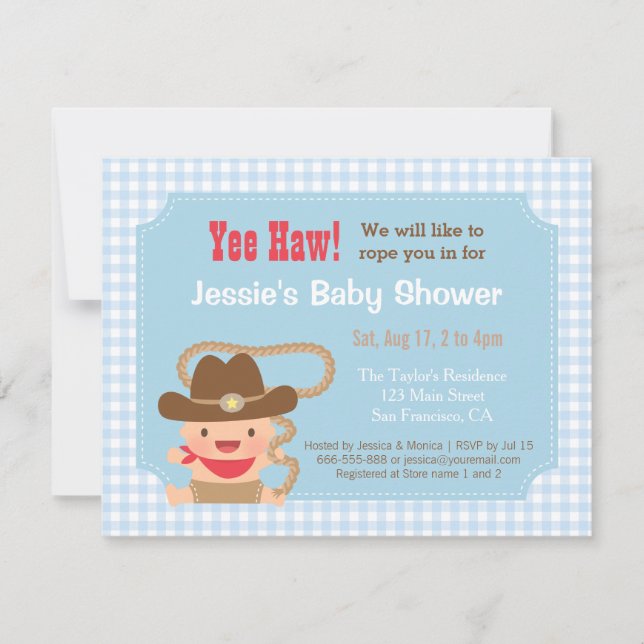 Cowboy Gingham Western Baby Shower Invitations (Front)
