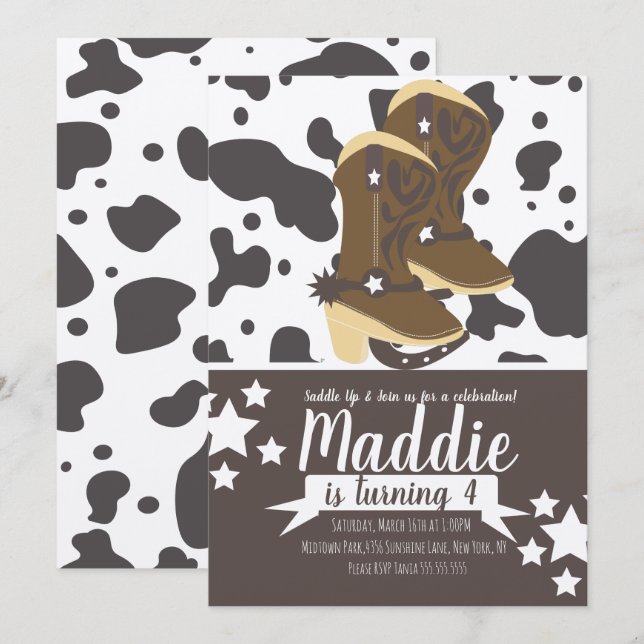 Cowboy Girl Birthday Cow Print  Invitation (Front/Back)