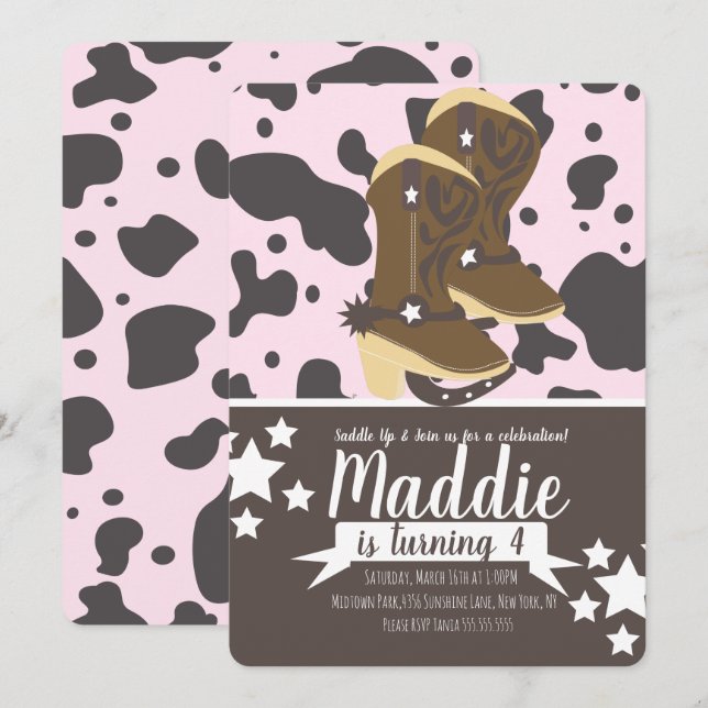 Cowboy Girl Birthday Cow Print Party | Pink Invitation (Front/Back)