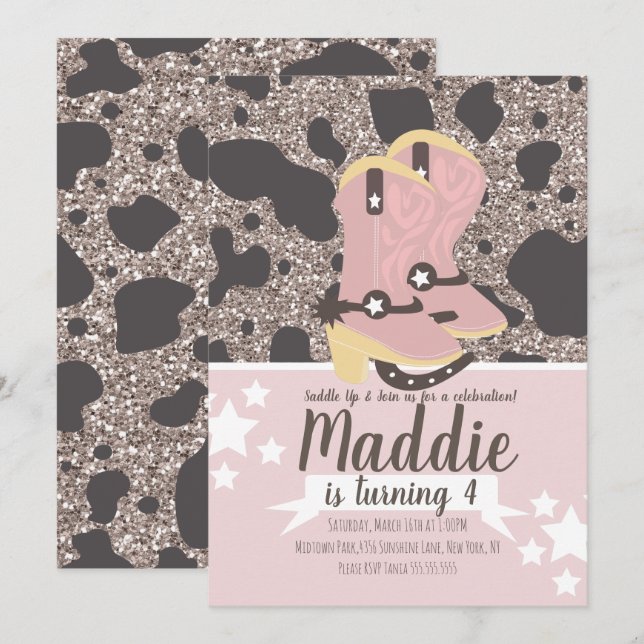 Cowboy Girl Birthday Glitter Cow Print Party  Invitation (Front/Back)