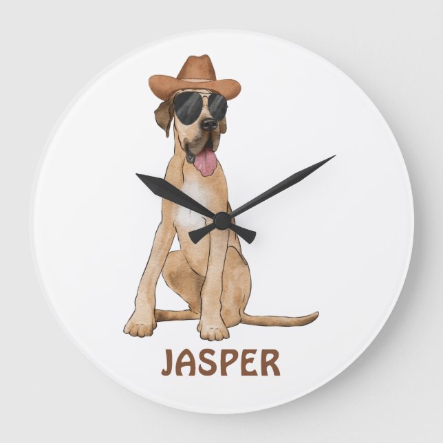 Cowboy Great Dane Dog Illustration  Large Clock (Front)