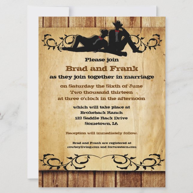 Cowboy Grooms Custom Gay Wedding Invitations (Front)
