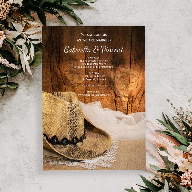 Cowboy Hat and Barn Wood Country Western Wedding Invitation (Creator Uploaded)