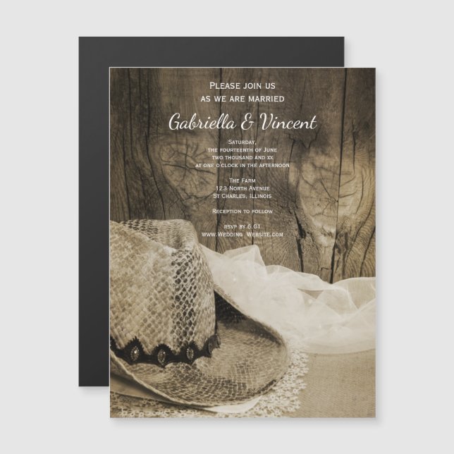 Cowboy Hat and Barn Wood Western Wedding Magnetic Invitation (Front/Back)