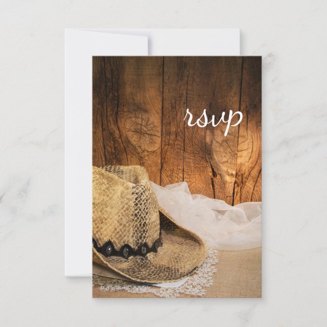 Cowboy Hat and Barn Wood Western Wedding RSVP Card (Front)