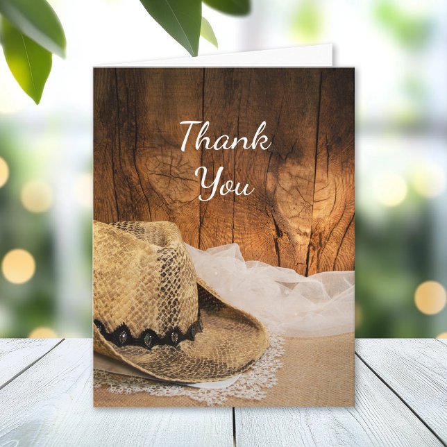 Cowboy Hat and Barn Wood Western Wedding Thank You Card (Creator Uploaded)