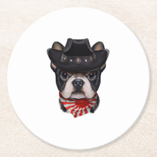 Cowboy Hat and Flag French Bulldog For Dog Lover Round Paper Coaster