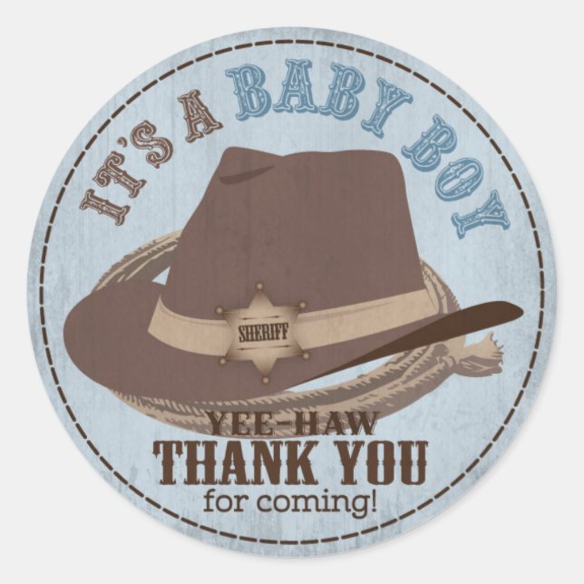 Cowboy Hat and Rope Western Baby Shower Classic Round Sticker (Front)