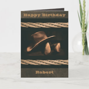 Cowboy hat, boots and rope western style masculine card