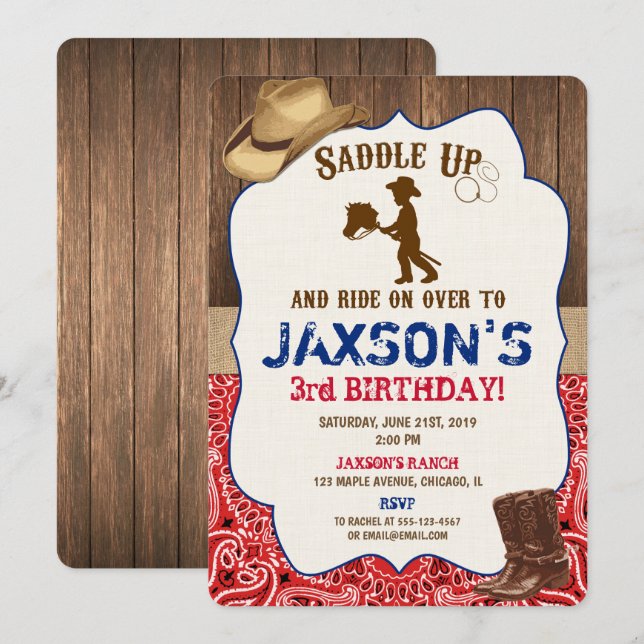 Cowboy hat boots rustic boy birthday invites (Front/Back)