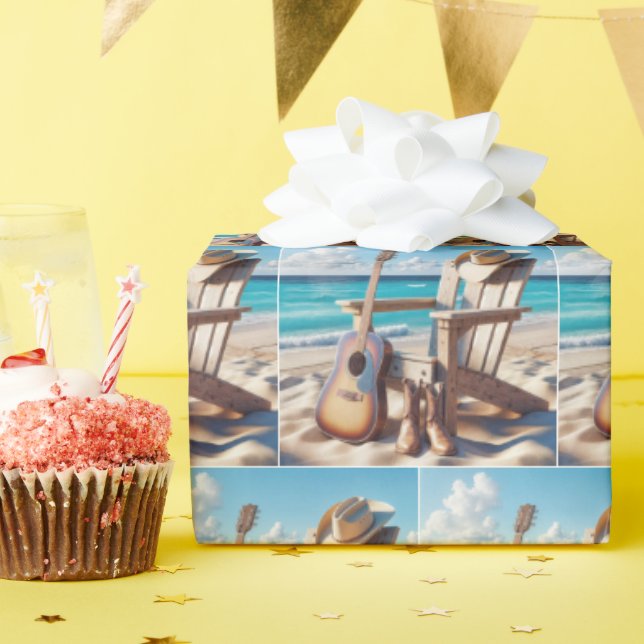 Cowboy Hat, Guitar and Boots In Beach Sand Wrapping Paper (Birthday Party)