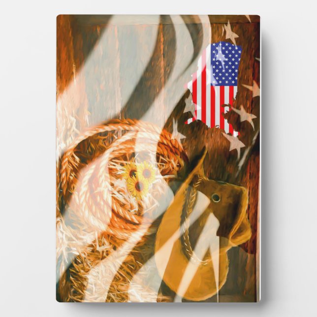 Cowboy Hat Lasso American Flag Sunrays Plaque (Front)