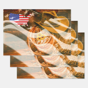 Cowboy Hat Lasso American Flag Sunrays Wrapping Paper Sheet